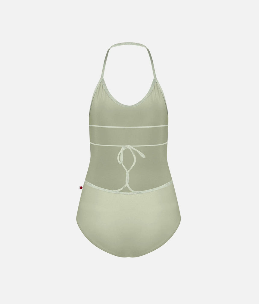 YUMIKO Kate Ginko leotard, back product view showing the low curved opening, horizontal straps and adjustable tie.