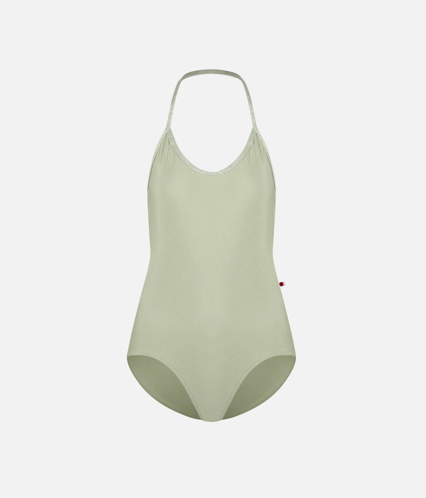 YUMIKO Kate Ginko halter leotard, front product view with a scoop neckline and high-cut leg.