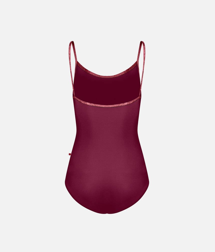YUMIKO Kathy Burgundy leotard, back product view showing the plain scoop back, camisole straps and Garnet velvet trim.