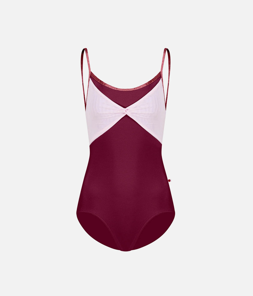 YUMIKO Kathy Burgundy leotard, front product view with gathered Rose mesh, Garnet crushed velvet trim and a high-cut leg.