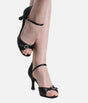 Black Satin Latin Dance Shoes with Open Toe, Diamante Buckle, Adjustable Vamp - LEONA