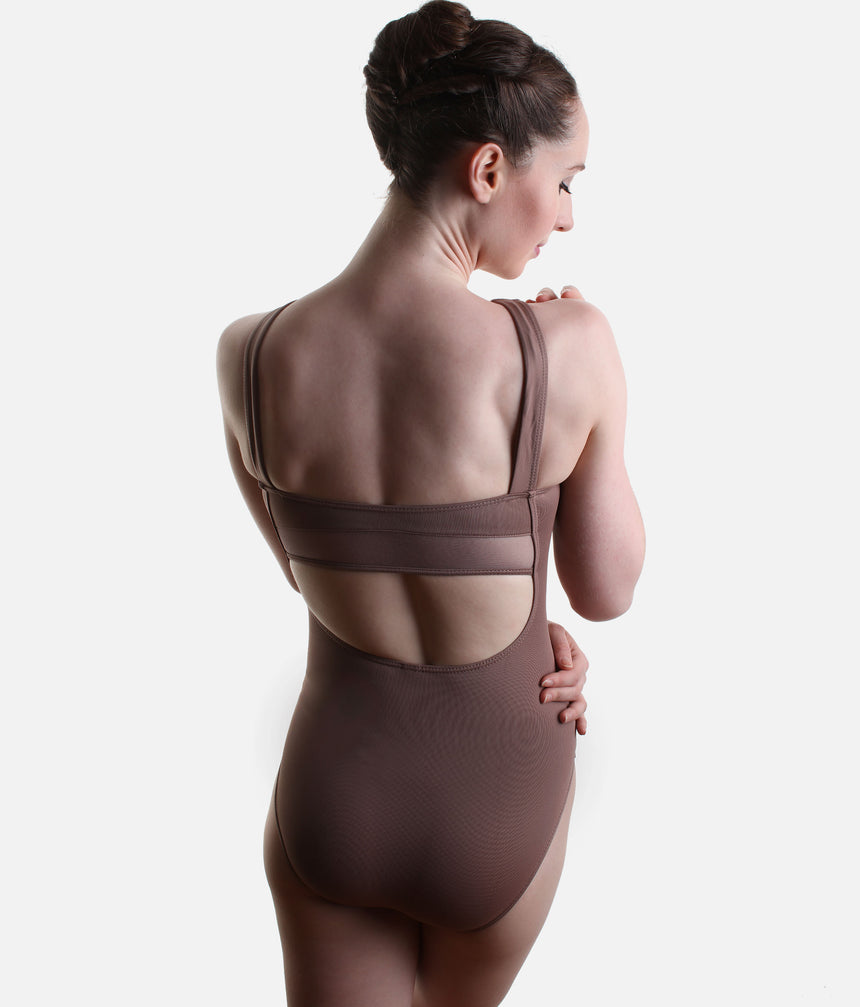So Danca LS65 Luciana Sagioro leotard in Nut, showing a horizontal mesh back band and large rounded cut-out