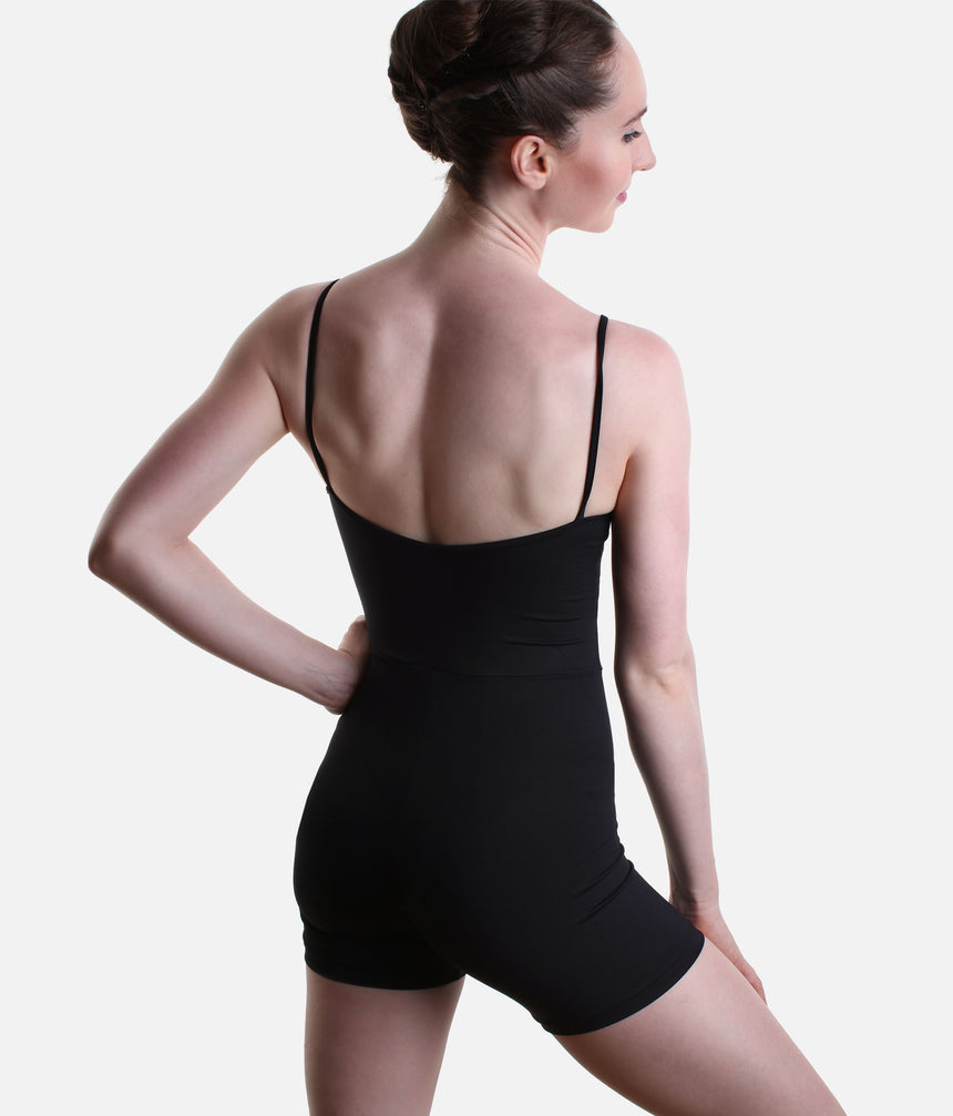 Back view of the So Danca LS70 Luciana Sagioro unitard in Black, showing slim straps and integrated shorts