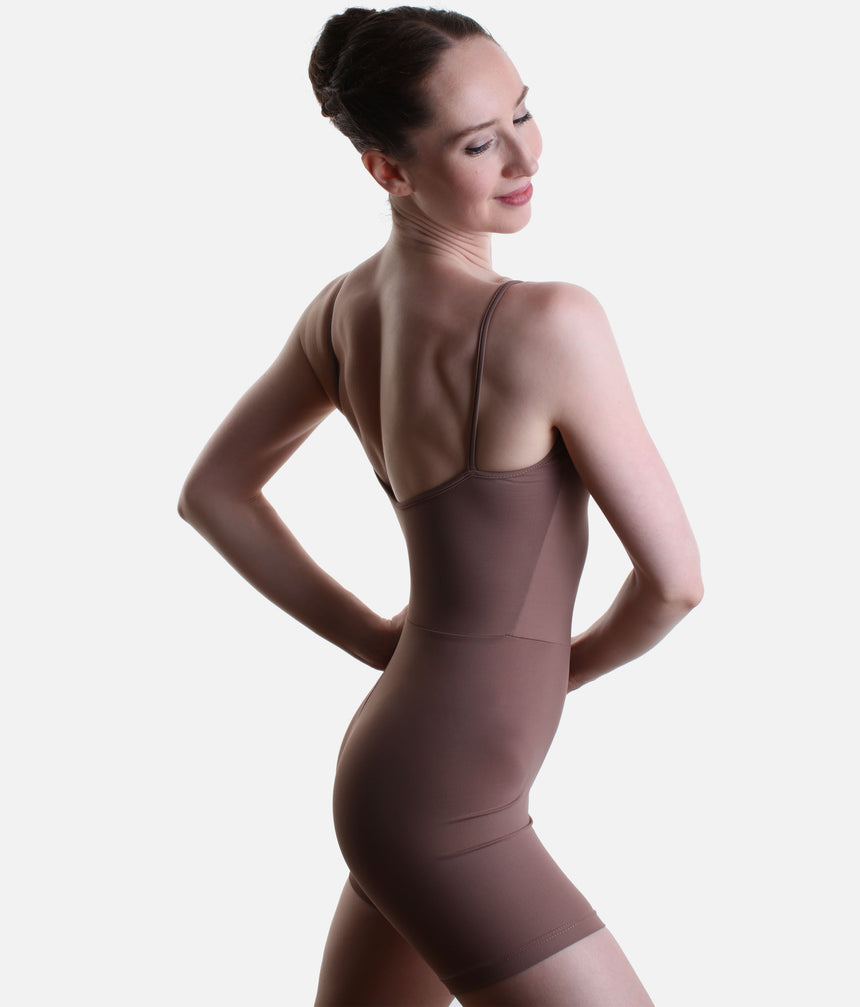 Three-quarter back view of the So Danca LS70 Nut unitard with a scoop back and fitted short legs