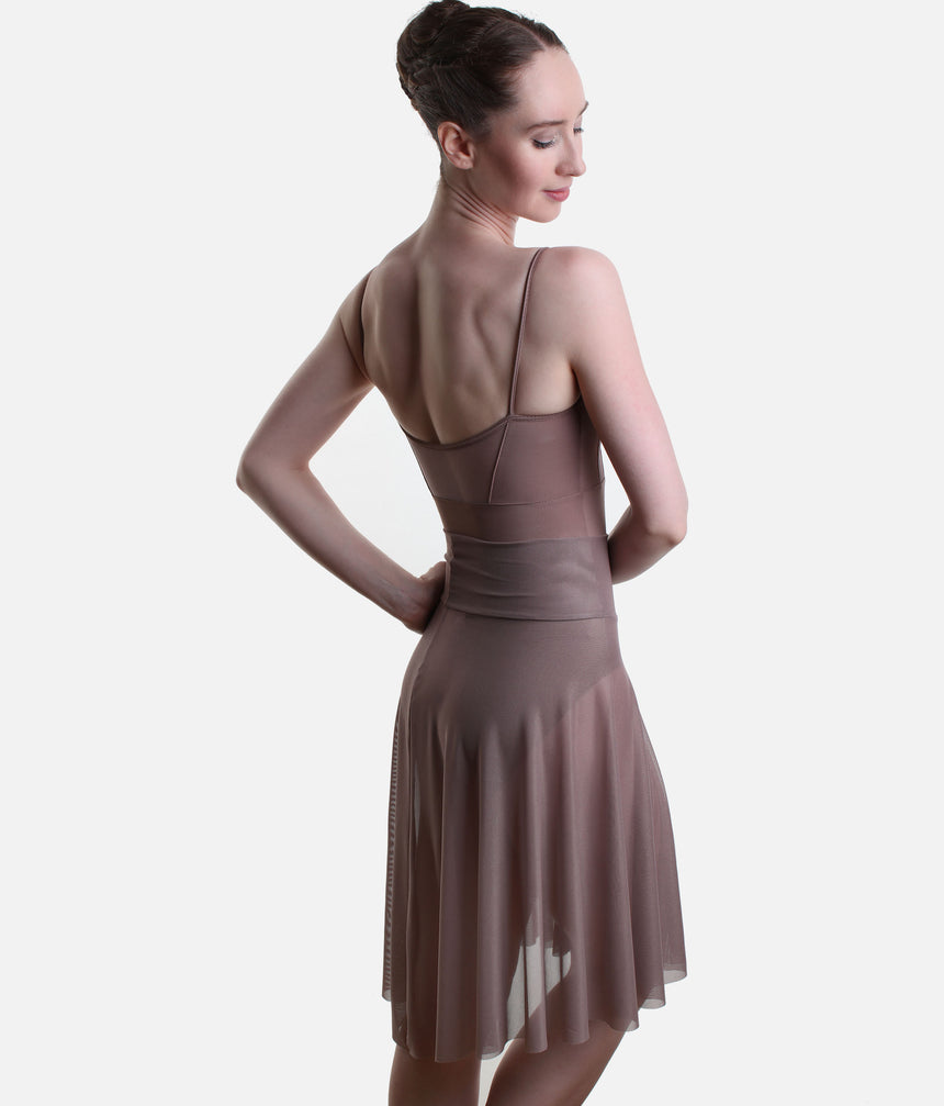Back view of the So Danca LS71 Nut mesh skirt, with a broad waistband and softly draped hem