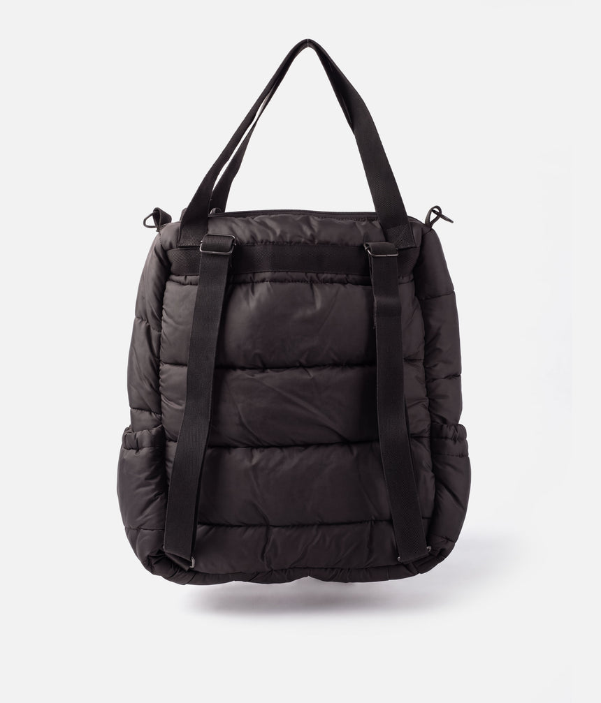 So Danca LS72 Luciana Sagioro quilted dance bag in black, showing front zip pockets, side pockets and carry handles.
