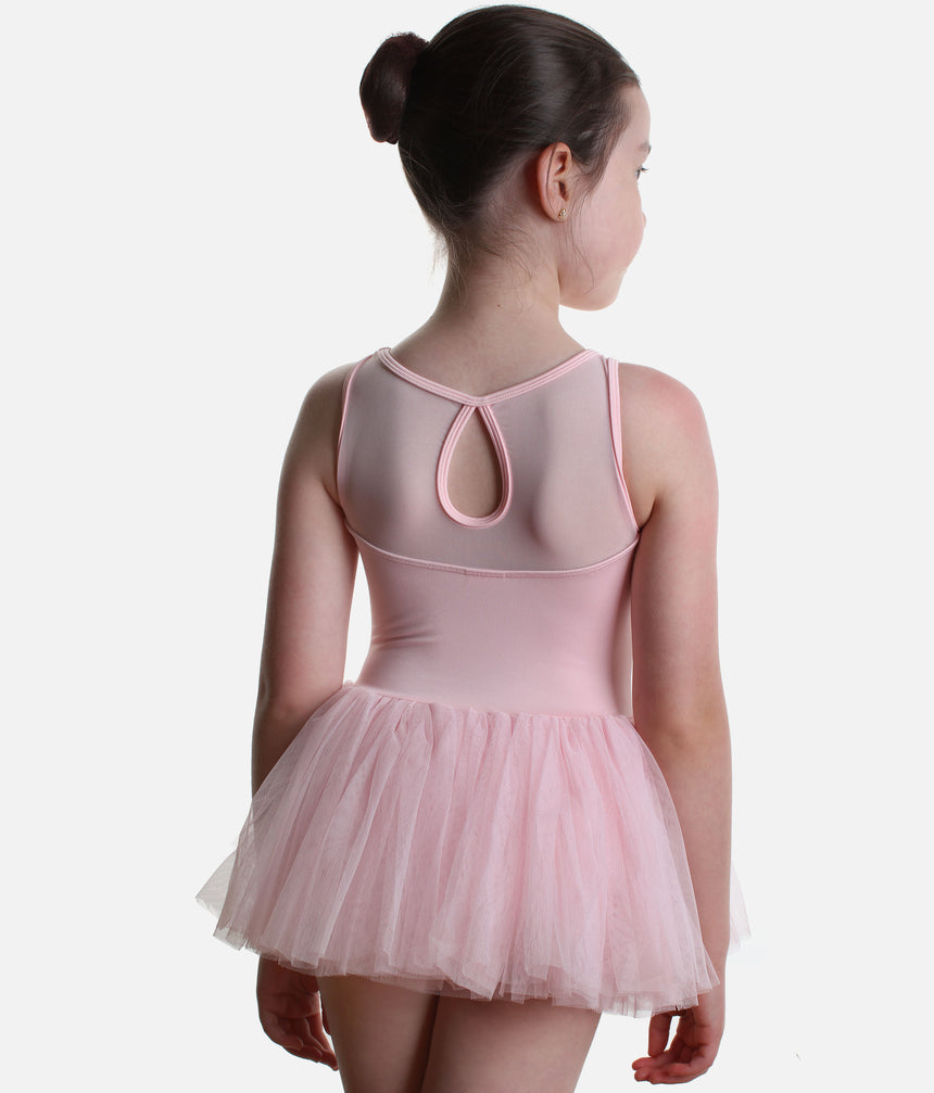 Back view of the pink Mirella Petite Adagio tutu leotard showing the sheer mesh upper back, teardrop keyhole and attached tulle skirt.