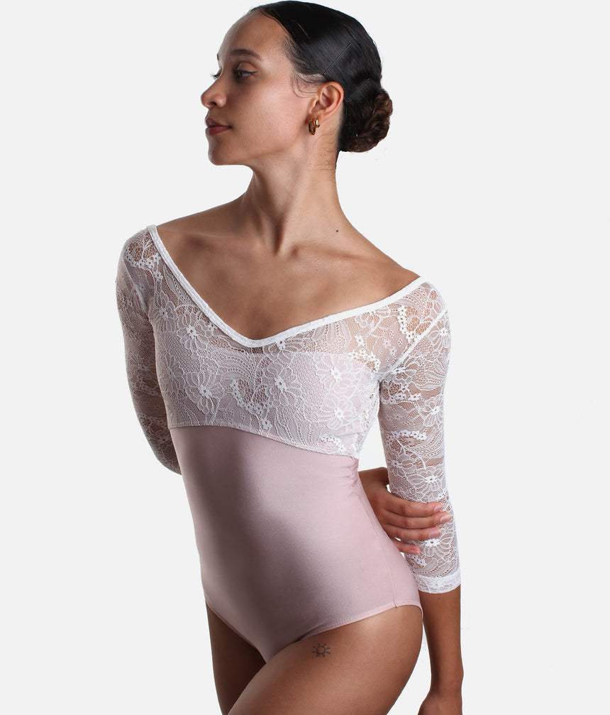 Romantic Long Sleeves Ballet Leotard with Low Back, Lace Detail - MAIA DI ROSE