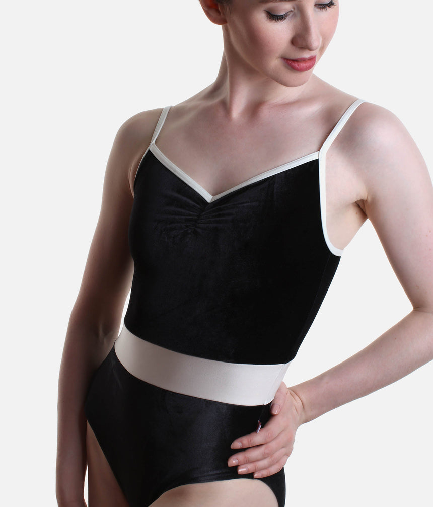 Luxurious Camisole Dance Leotard, Black Velvet with White Trim - MICAH