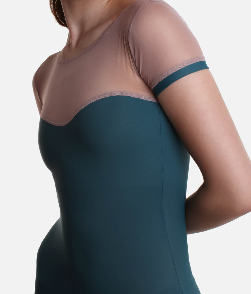 Short Sleeve Dance Leotard, Iconic Corset Style with Mesh Inserts - MINERVA DI