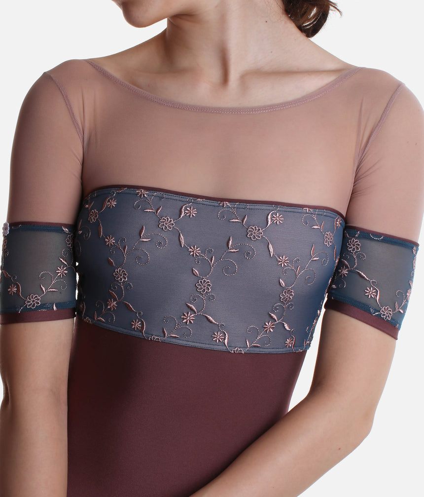 Short Tulle Sleeves Leotard with Romantic Embroidered Bust Panel - MINERVA GL