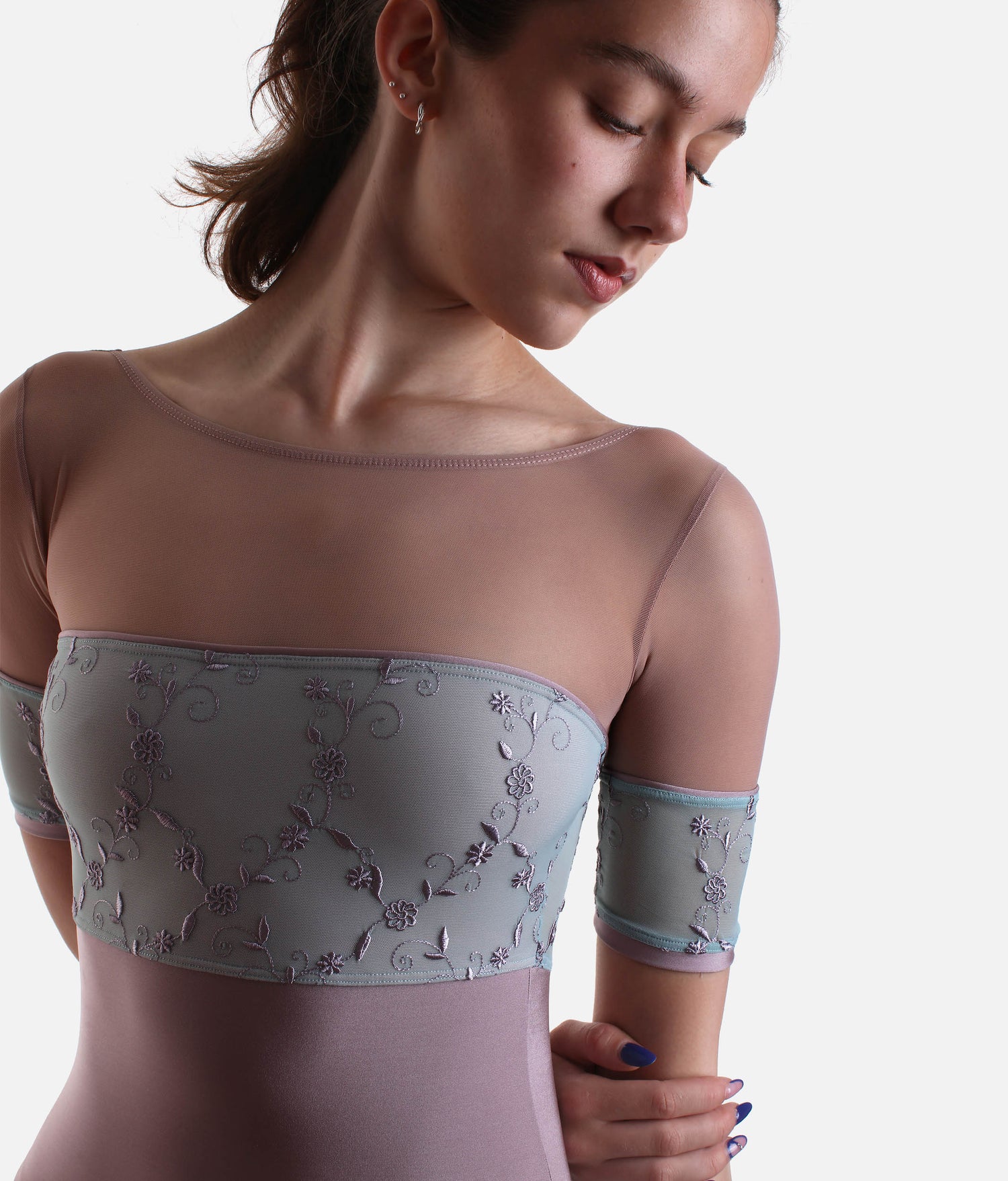 Classic Ballet Leotard with Embroidered Tulle & Mesh Sleeves - MINERVA GL ALCHIMIA