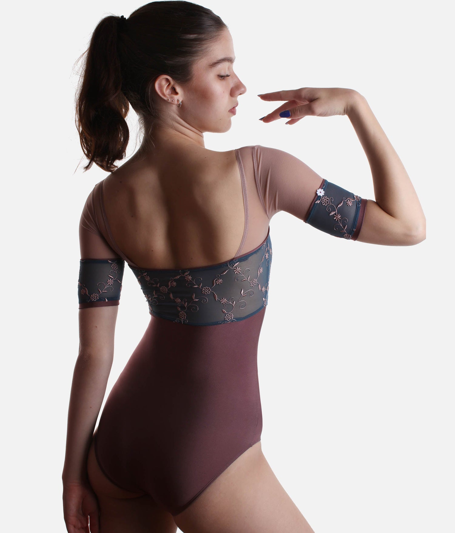 Short Tulle Sleeves Leotard with Romantic Embroidered Bust Panel - MINERVA GL