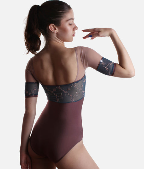 Short Tulle Sleeves Leotard with Romantic Embroidered Bust Panel - MINERVA GL