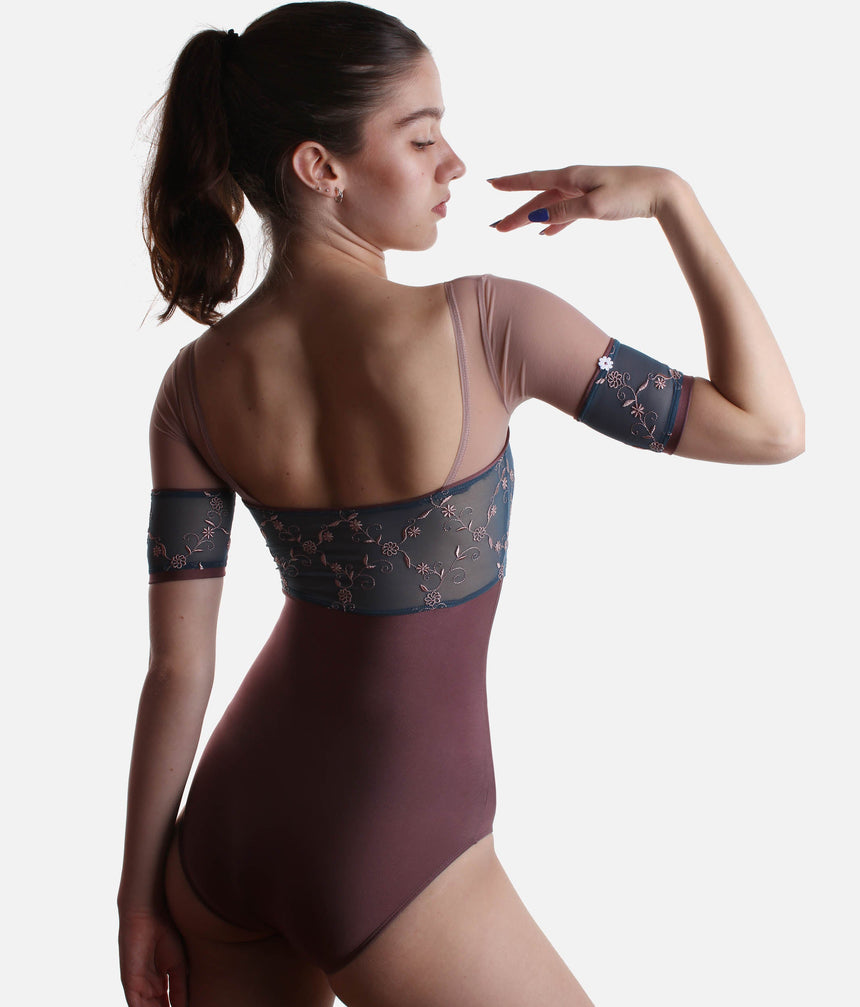 Short Tulle Sleeves Leotard with Romantic Embroidered Bust Panel - MINERVA GL