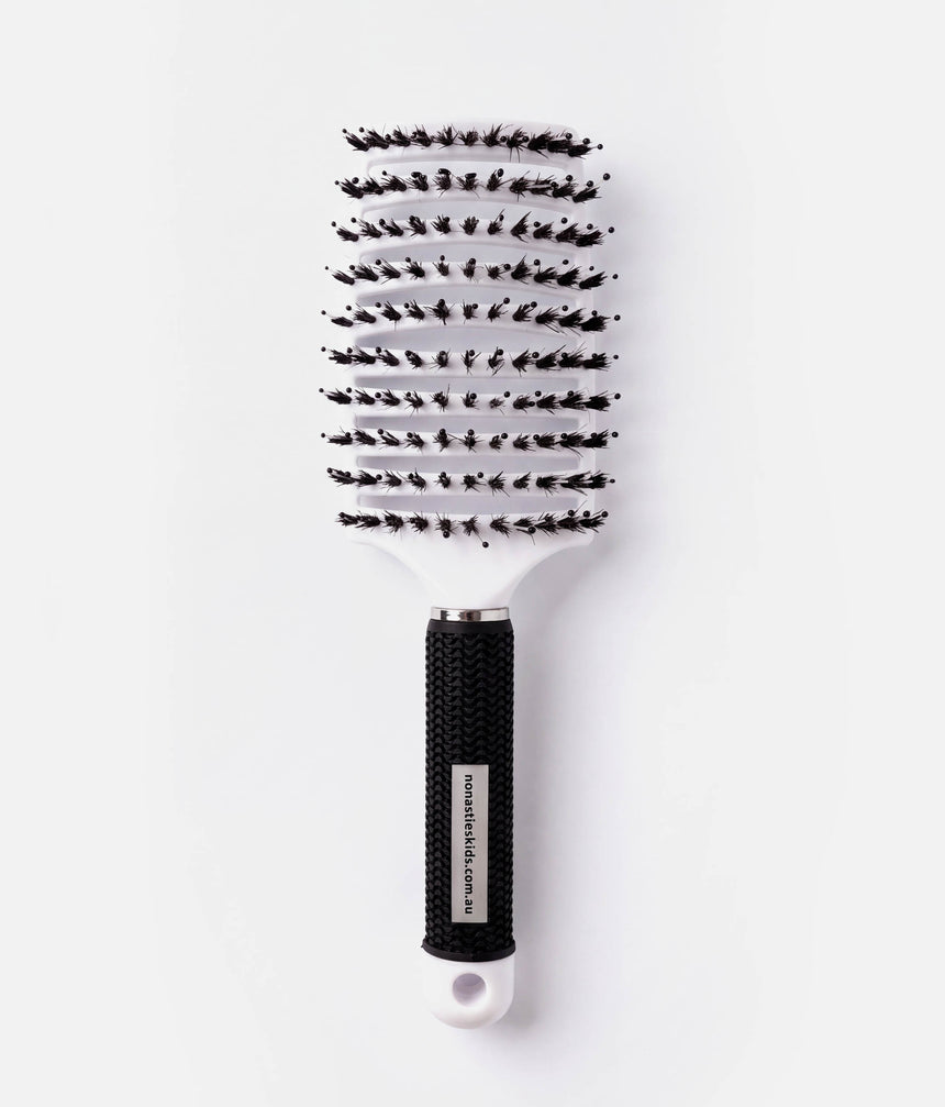 No Nasties White kids detangling hair brush with a curved vented head and textured black handle