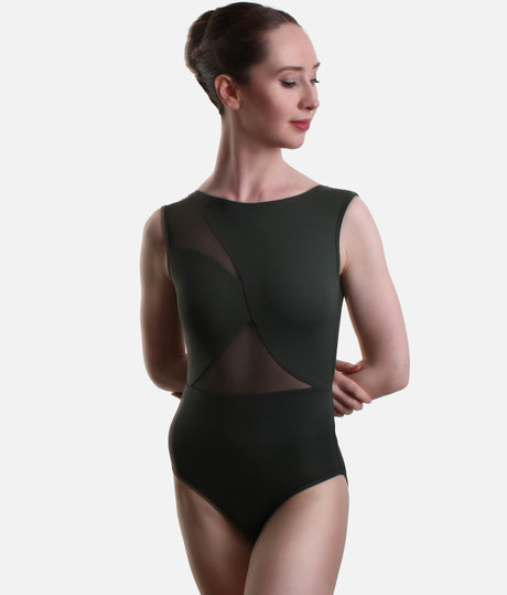 Geometric Mesh Cutouts Leotard, Contemporary Low Back Design