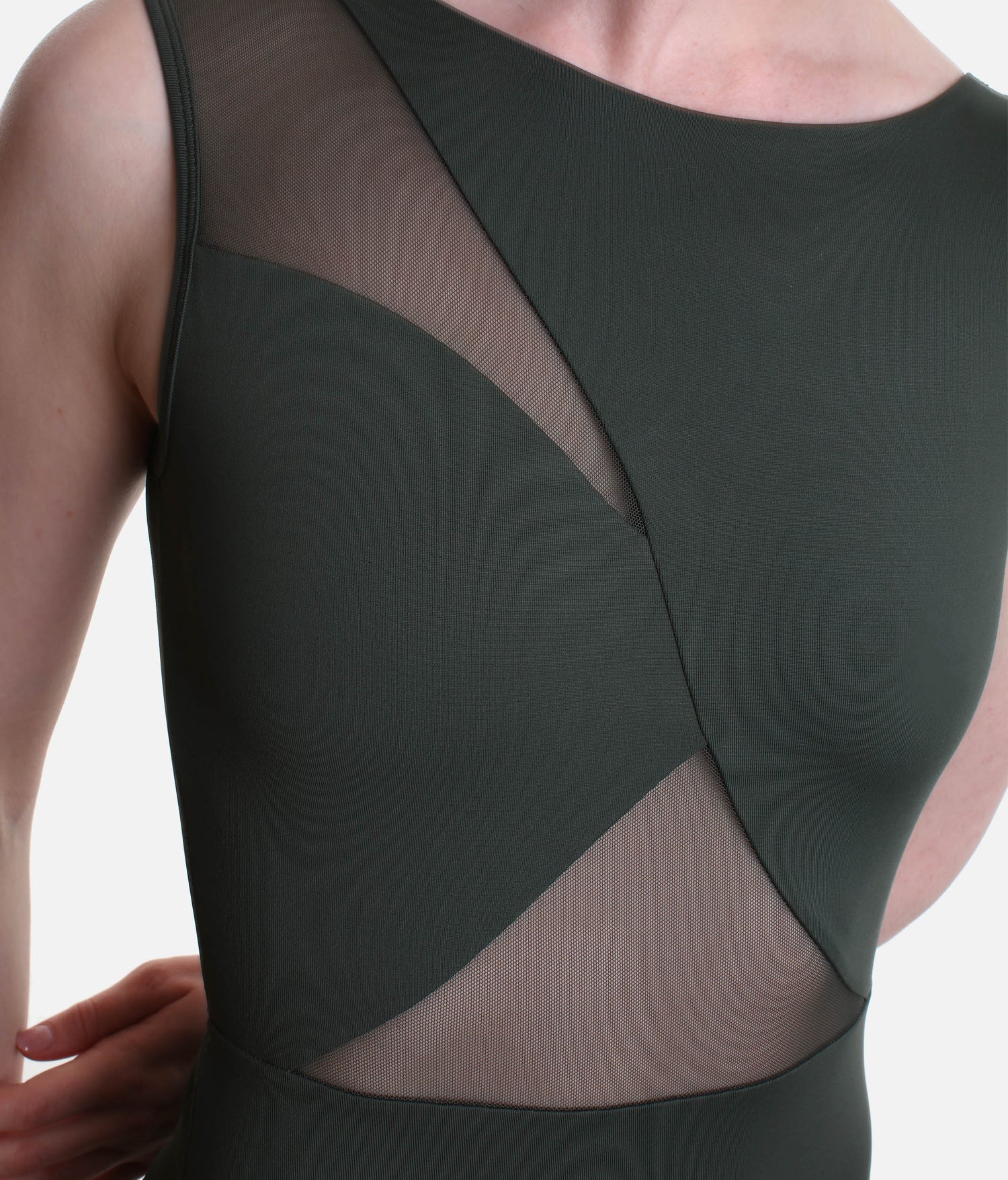 Geometric Mesh Cutouts Leotard, Contemporary Low Back Design