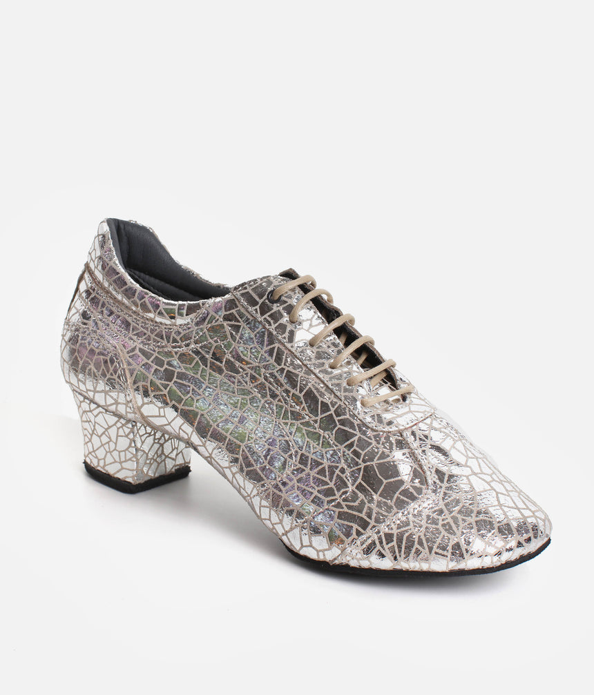 Silver Practice Shoes with Supportive Cuban Heel, Secure Lace-Up - PD706