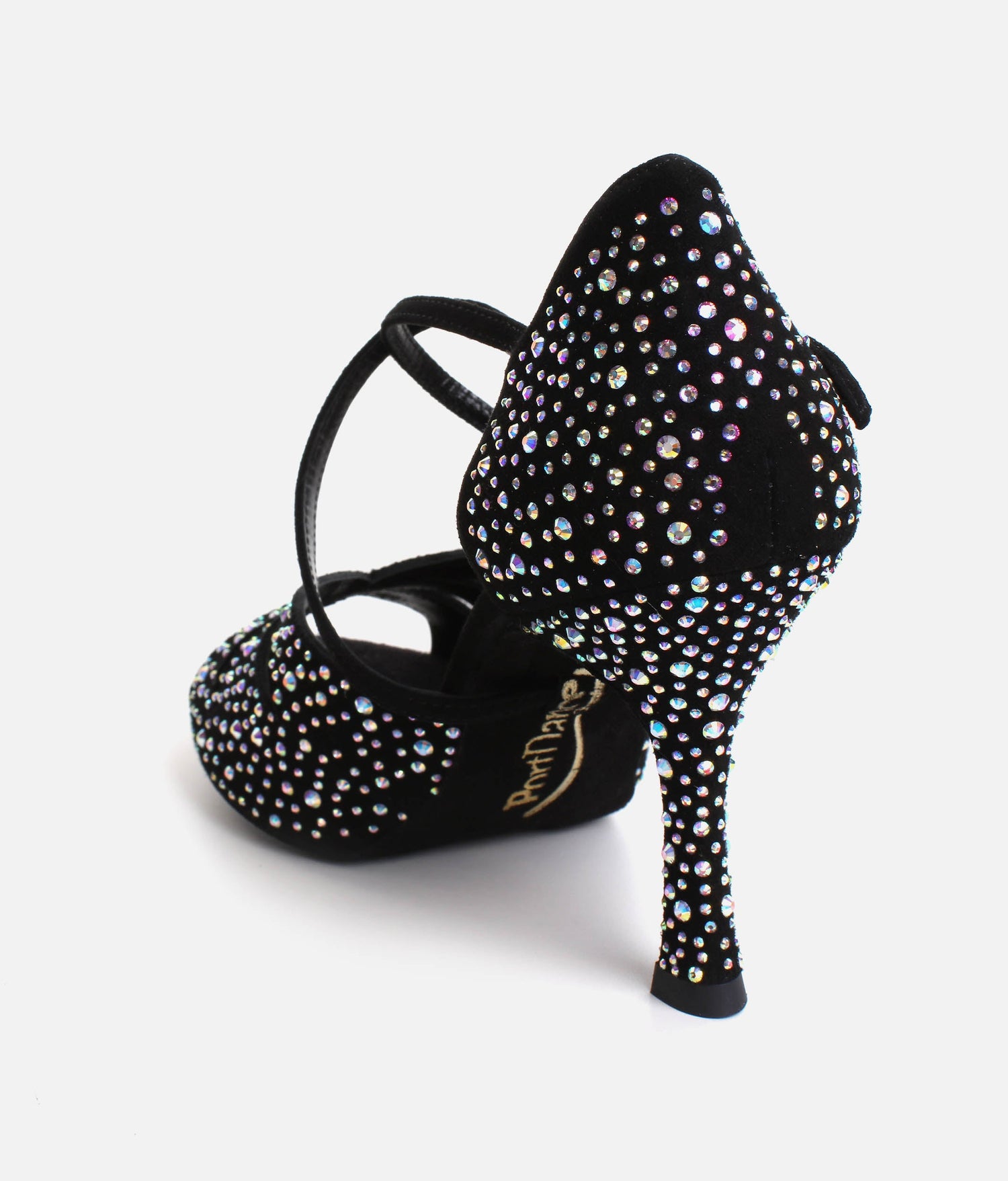 Elegant Dance Heels, Black Nubuck with Crystals, 70mm Flare Heel - CLARA