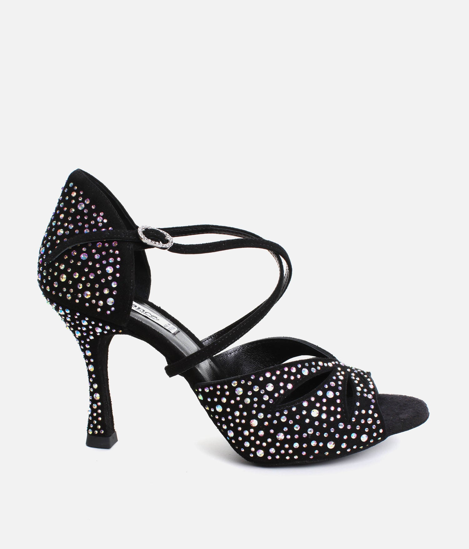 Elegant Dance Heels, Black Nubuck with Crystals, 70mm Flare Heel - CLARA