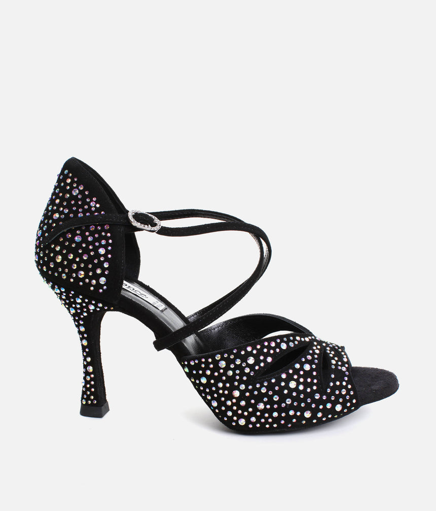 Elegant Dance Heels, Black Nubuck with Crystals, 70mm Flare Heel - CLARA