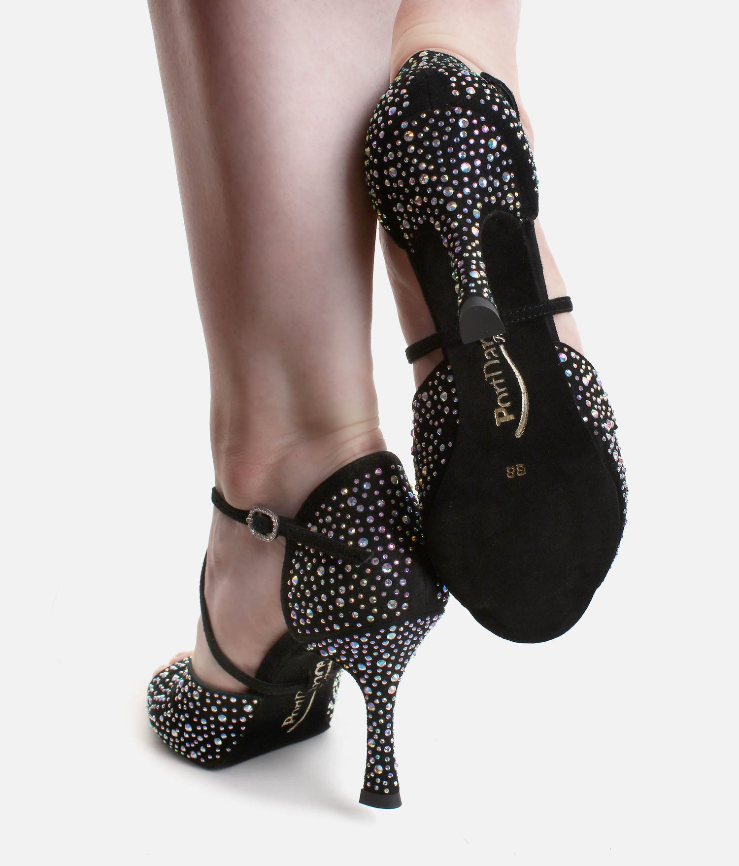Elegant Dance Heels, Black Nubuck with Crystals, 70mm Flare Heel - CLARA