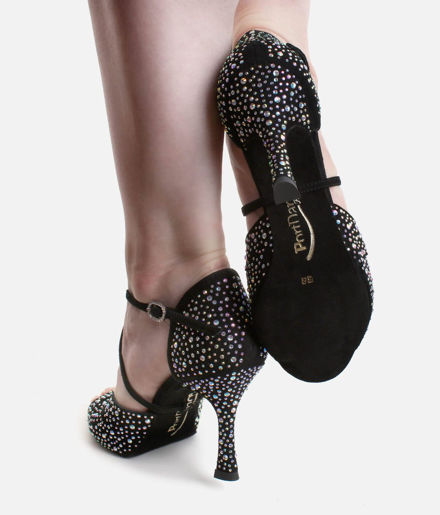 Elegant Dance Heels, Black Nubuck with Crystals, 70mm Flare Heel - CLARA