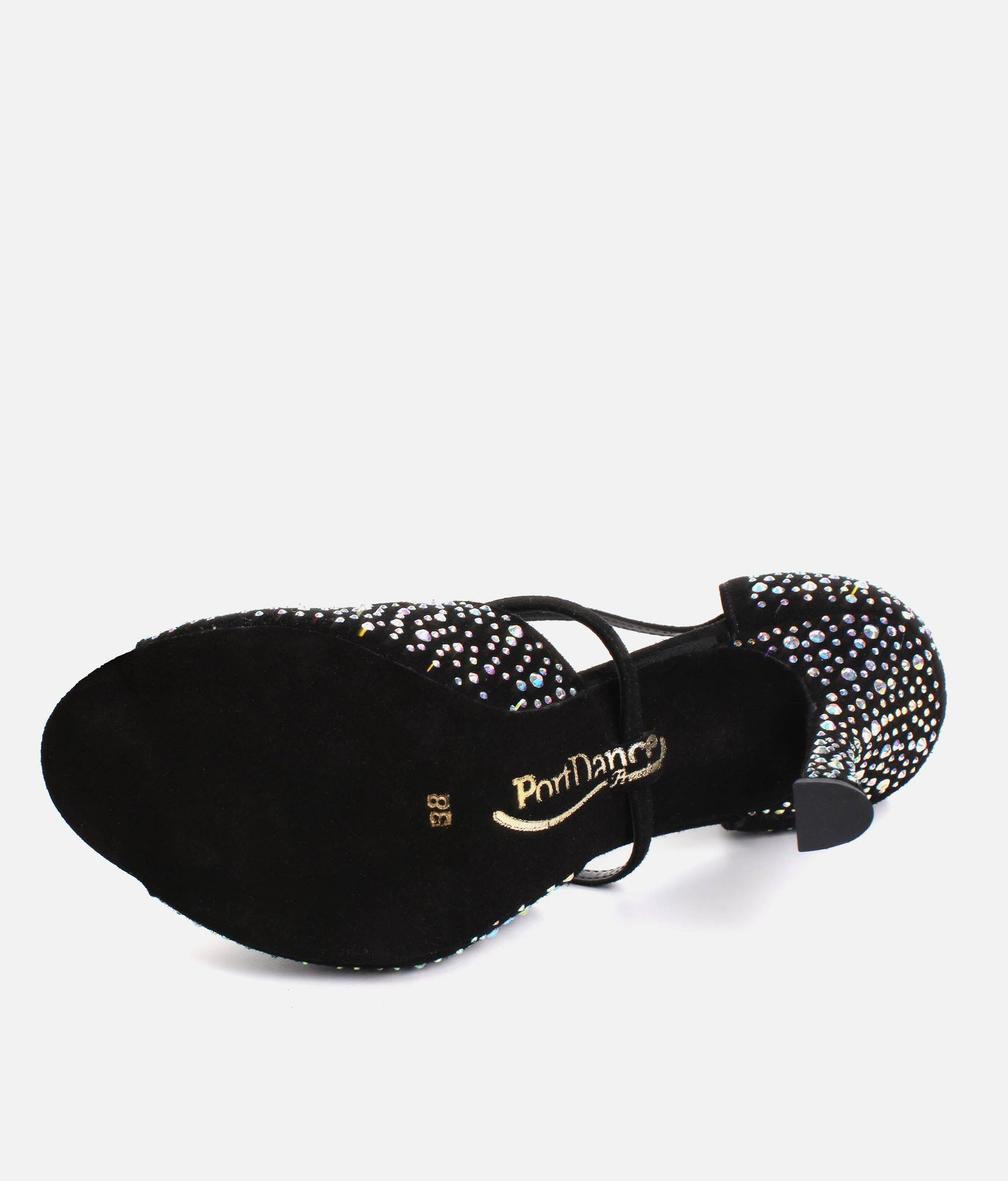 Elegant Dance Heels, Black Nubuck with Crystals, 70mm Flare Heel - CLARA