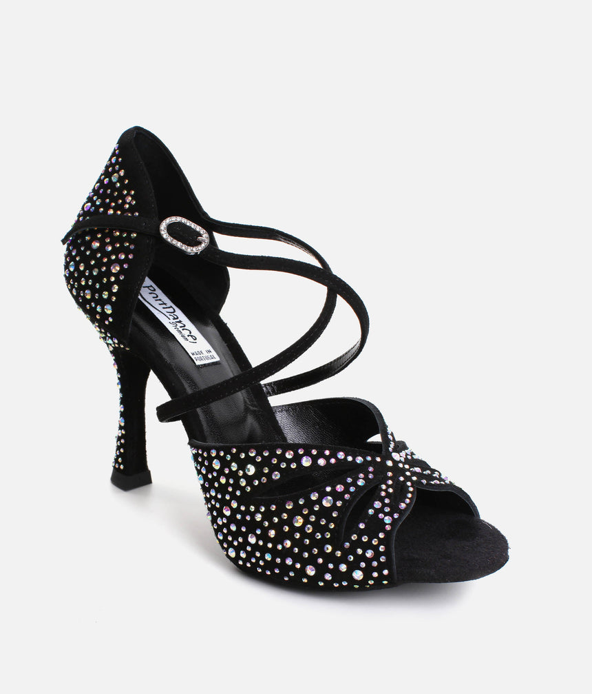 Elegant Dance Heels, Black Nubuck with Crystals, 70mm Flare Heel - CLARA