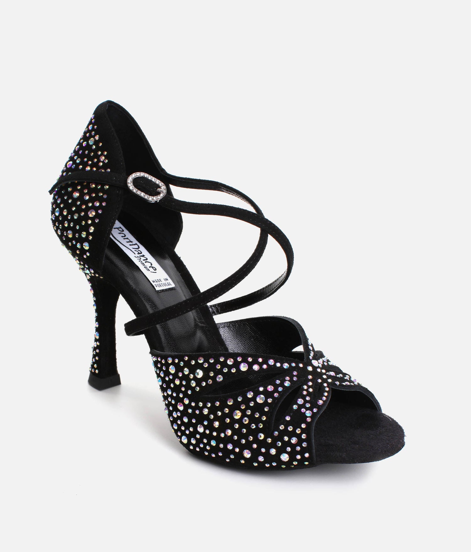 Elegant Dance Heels, Black Nubuck with Crystals, 70mm Flare Heel - CLARA