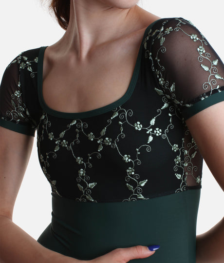 Sophisticated Short Sleeve Leotard, Embroidered Tulle Balletwear - PENELOPE DI