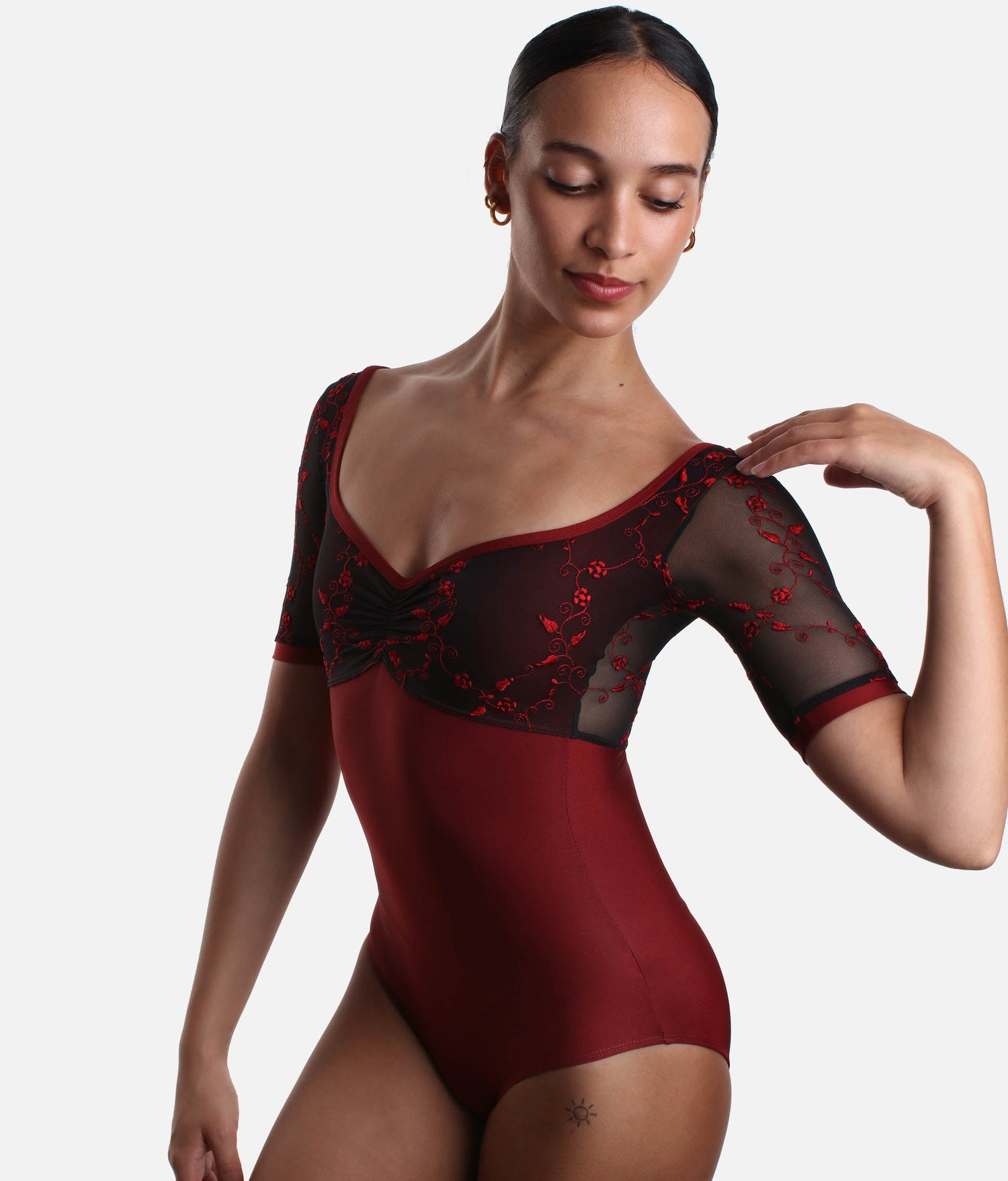 Short Sleeve Dance Leotard in Bold BORDEAUX Hue - PENELOPE ICONIC