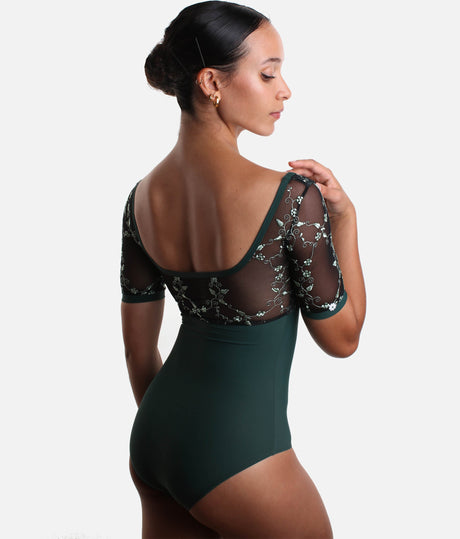Short Sleeve Leotard with Mesh & Embroidery in BOTTIGLIA Green - PENELOPE ICONIC