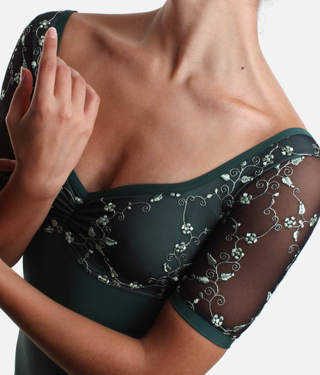 Short Sleeve Leotard with Mesh & Embroidery in BOTTIGLIA Green - PENELOPE ICONIC