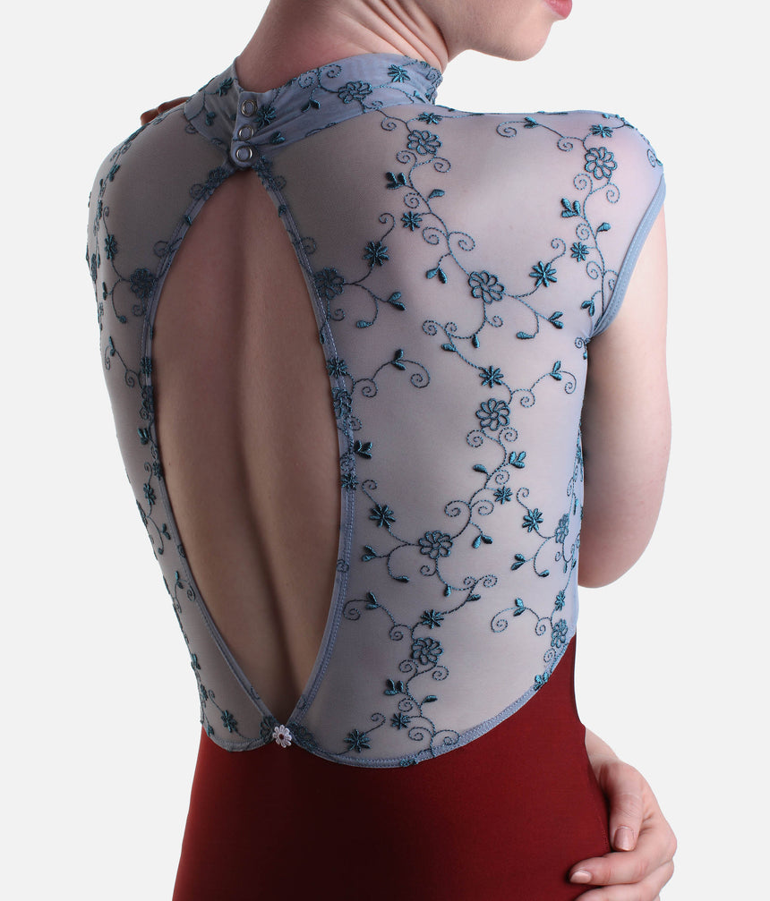 High Neckline Ballet Leotard, Cap Sleeves & Floral Design - SELENE DI BORDEAUX