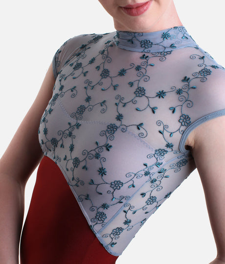 High Neckline Ballet Leotard, Cap Sleeves & Floral Design - SELENE DI BORDEAUX