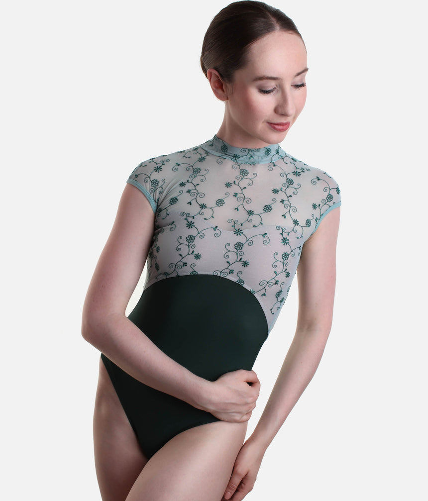 Elegant High Neck Ballet Leotard with Open Back & Embroidery - SELENE DI BOTTIGLIA