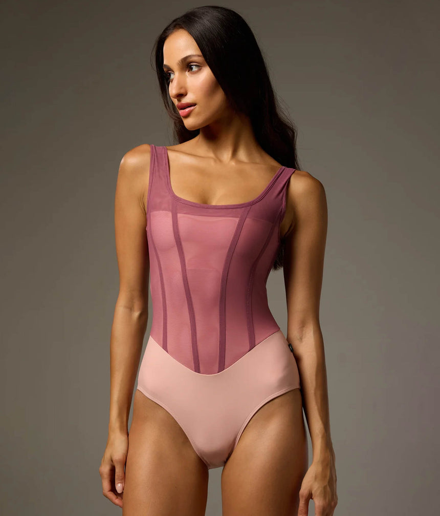 Front of Bodile Sofia Signature Mexican Rose tank ballet leotard with broad straps, a berry-rose mesh overlay and blush-pink body.