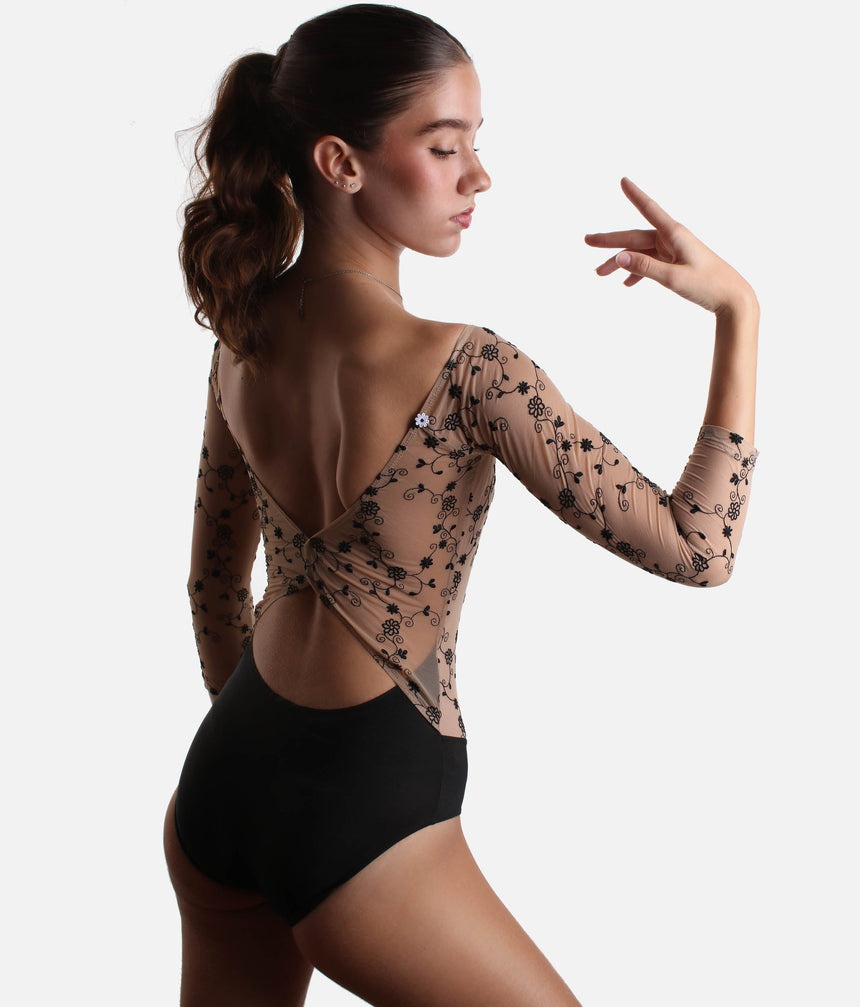 Delicate Long Mesh Sleeves Dance Leotard with Unique Back Design - TACITA DI NERO