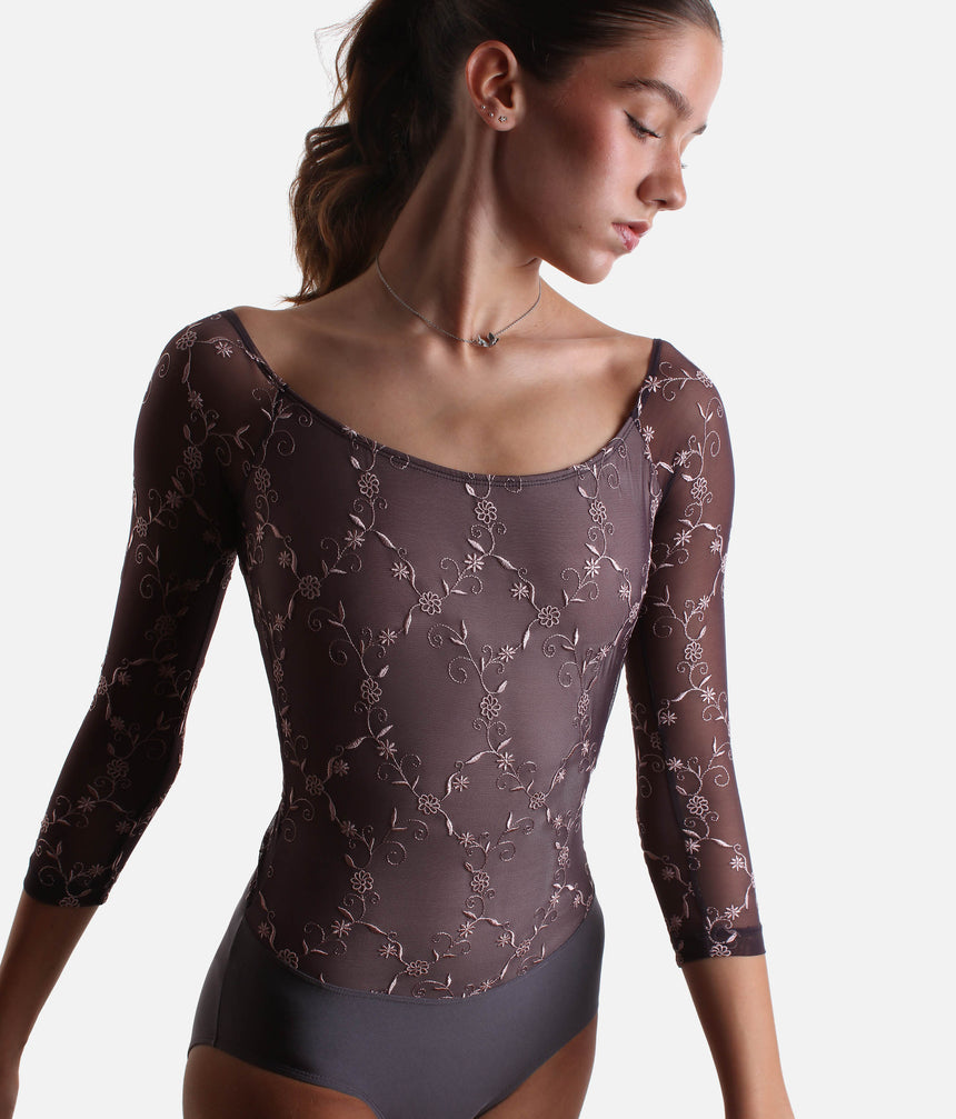 Long Sleeve Dance Leotard with V-Back, Sheer Embroidery - TACITA DI MAGNETTE