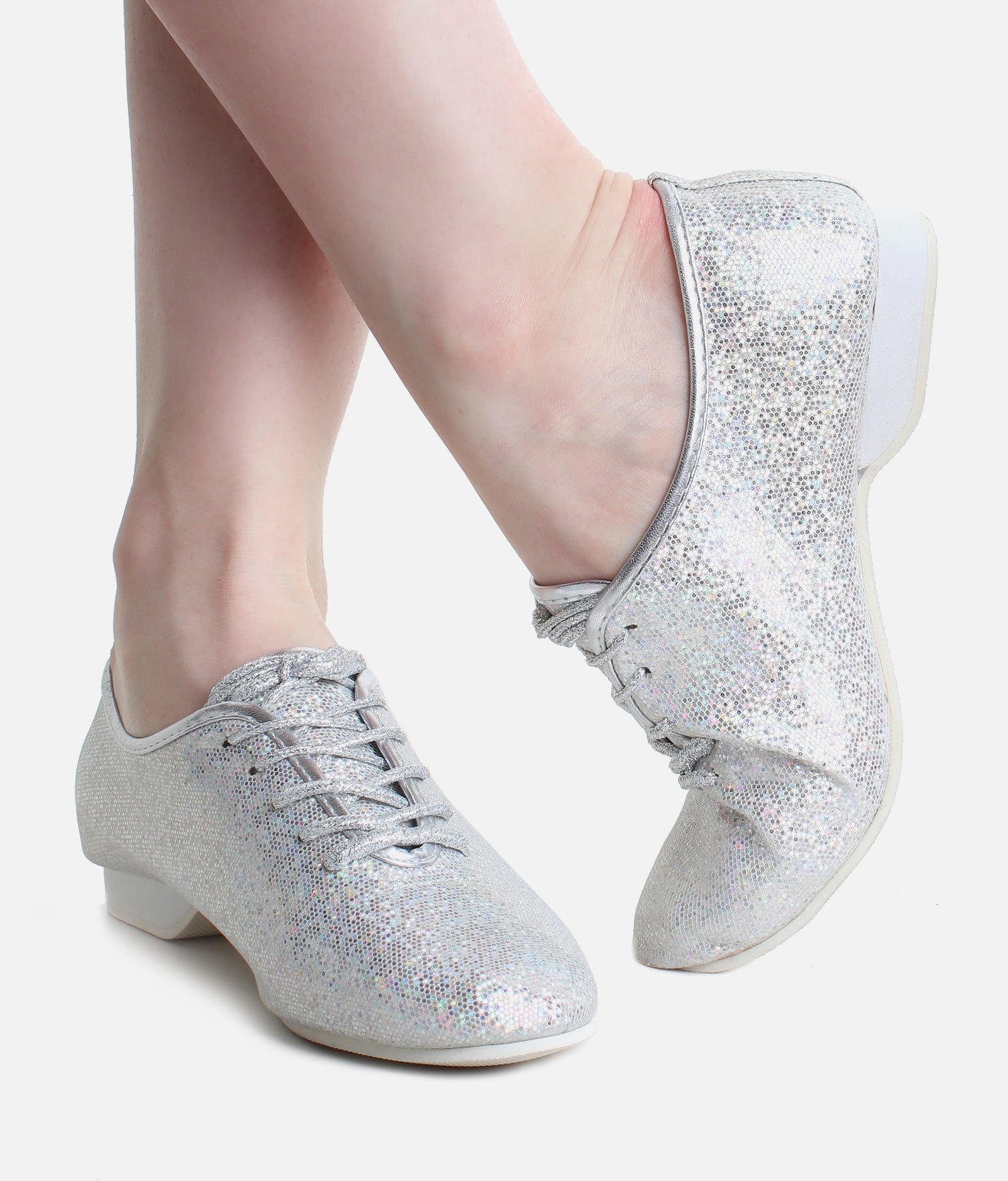 Children Silver Glitter Jazz Shoes, Full Sole, Lace-Up Dance Shoes