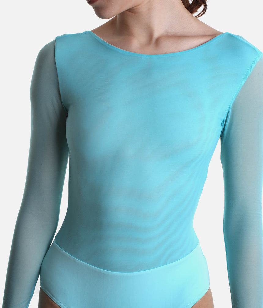 Long Sleeve Dance Leotard with Classic Boatneck, Modern Mesh - TARA