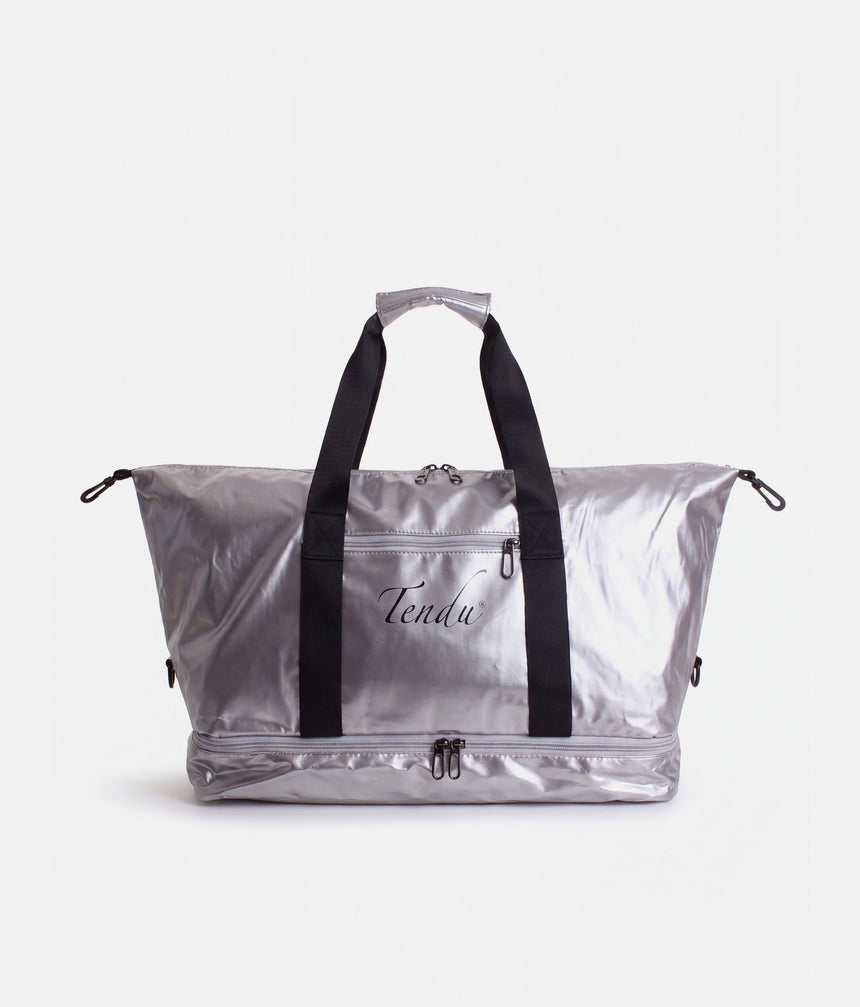 Silver Tendu Yoga Mat Bag T1097 with black handles, a front zip pocket and separate lower compartment.