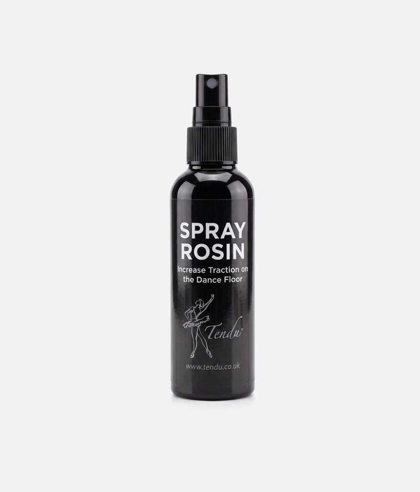 Front of a black Tendu Spray Rosin bottle with its pump nozzle exposed and white traction label on a light background.