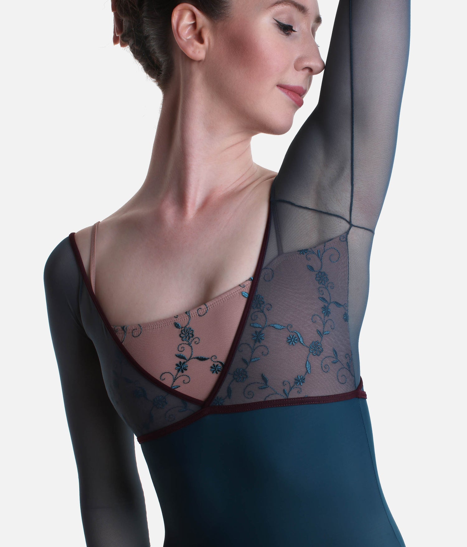 Elegant Dance Leotard with Embroidered Tulle Overlay - THALIA CL