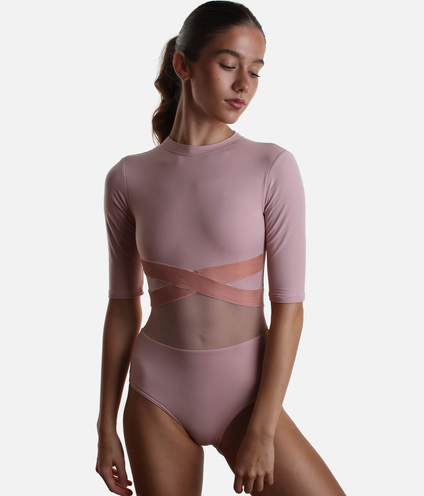 Open-Back Half-Sleeve Leotard with Crisscross Velvet Band - TRINA