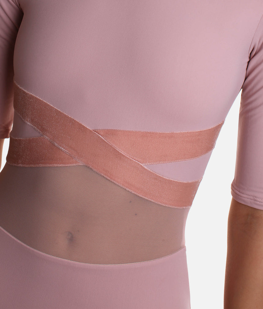 Open-Back Half-Sleeve Leotard with Figure-Flattering Crisscross Velvet Band - TRINA