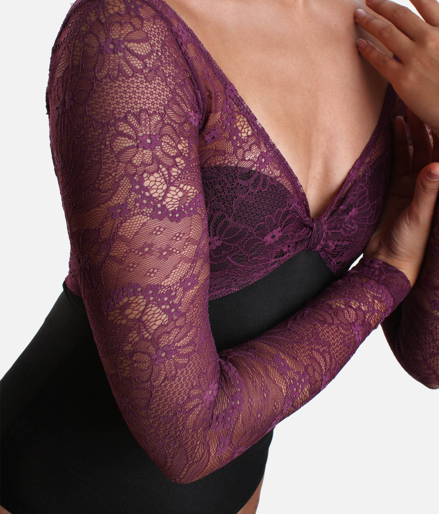 Professional Ballet Leotard with Long Lace Sleeves, Low Back - VENERE DI NERO