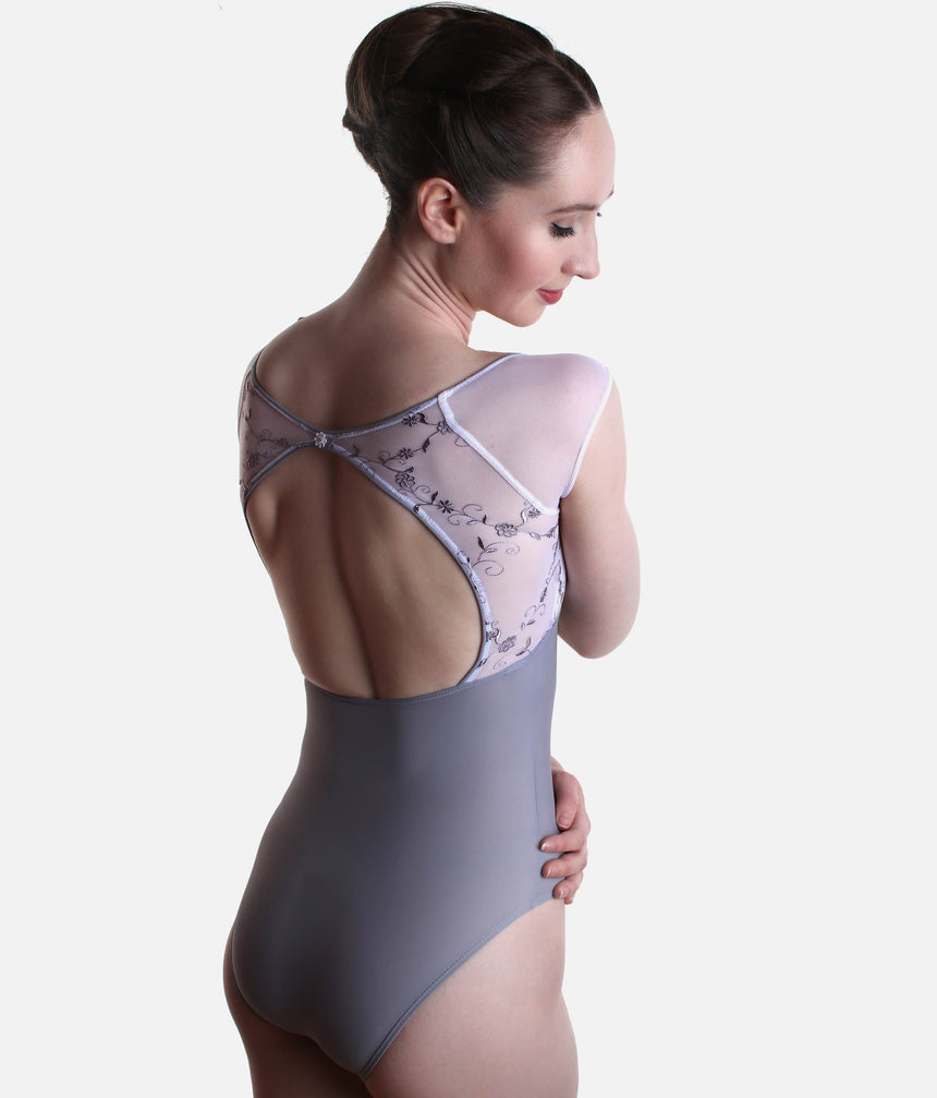 Cap Sleeve Leotard, Premium V-Neck with Floral Embroidered Mesh - VENERE CL